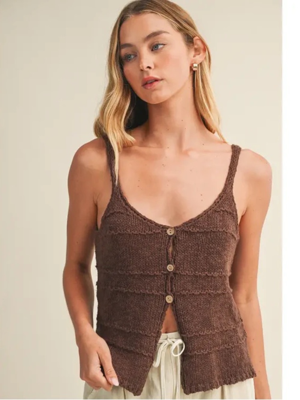Urban Outfitters Chocolate Brown Cropped Knit Tank with Wooden Buttons